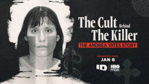 Andrea Yates mug shot with text "The Cult Behind the Killer: The Andrea Yates Story"